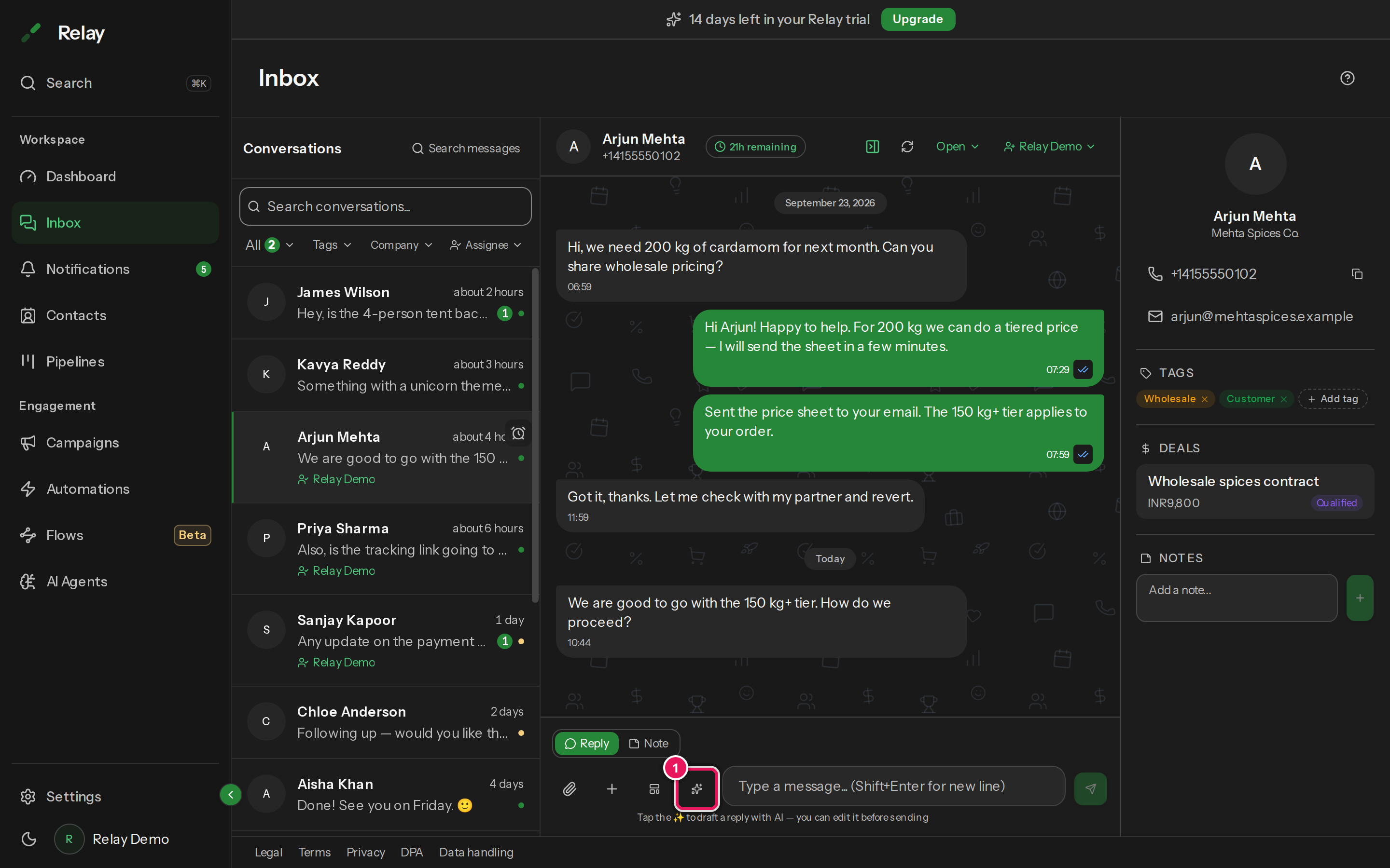The Inbox composer with the Draft a reply with AI sparkle button highlighted.