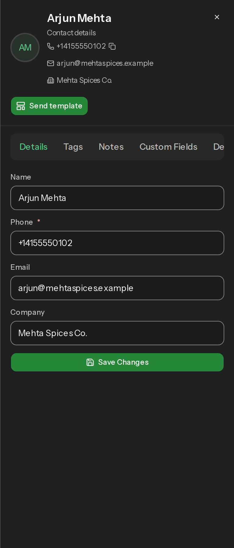 The contact detail side panel open on a contact, showing the Details, Tags, Notes, Custom Fields and Deals tabs and the Send template button.