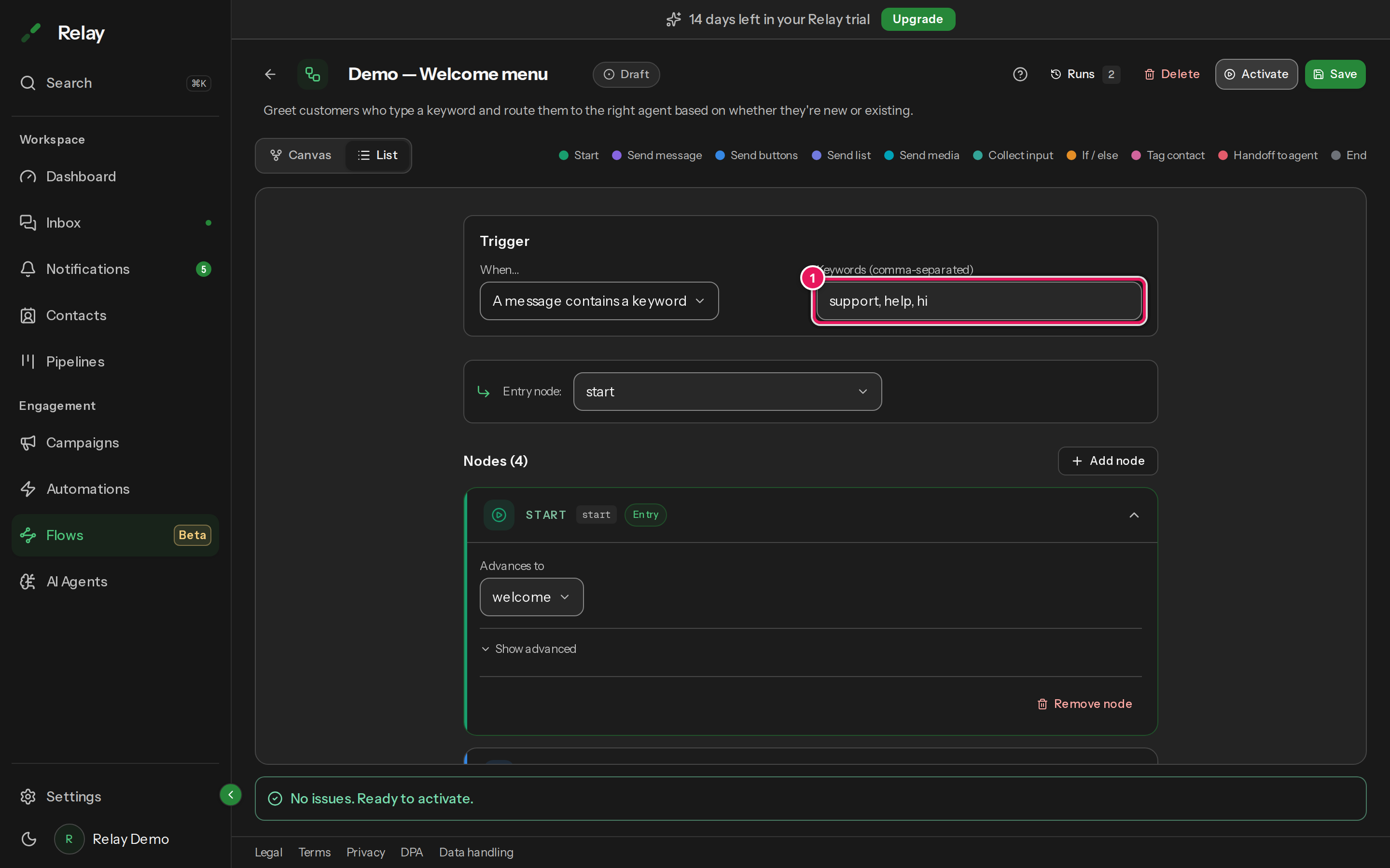The flow trigger panel in List view, set to a keyword trigger with the keywords field 'support, help, hi' highlighted