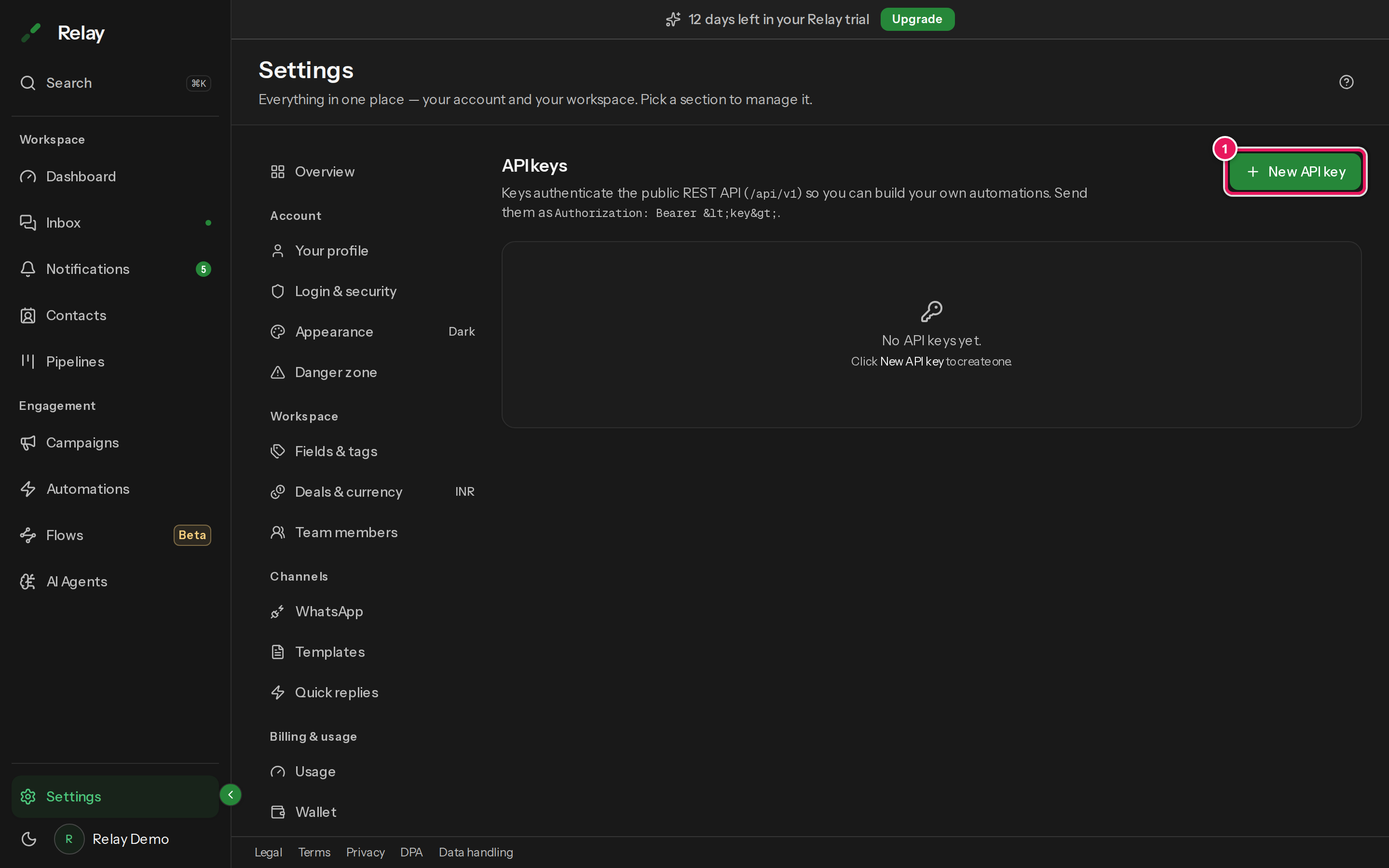 The API keys settings panel with a list of keys and their scopes