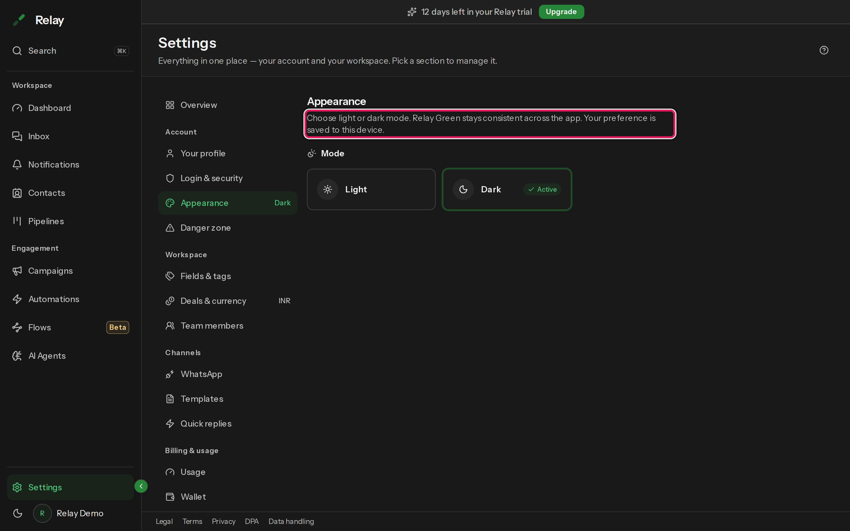 The Appearance panel with the Light and Dark mode toggle