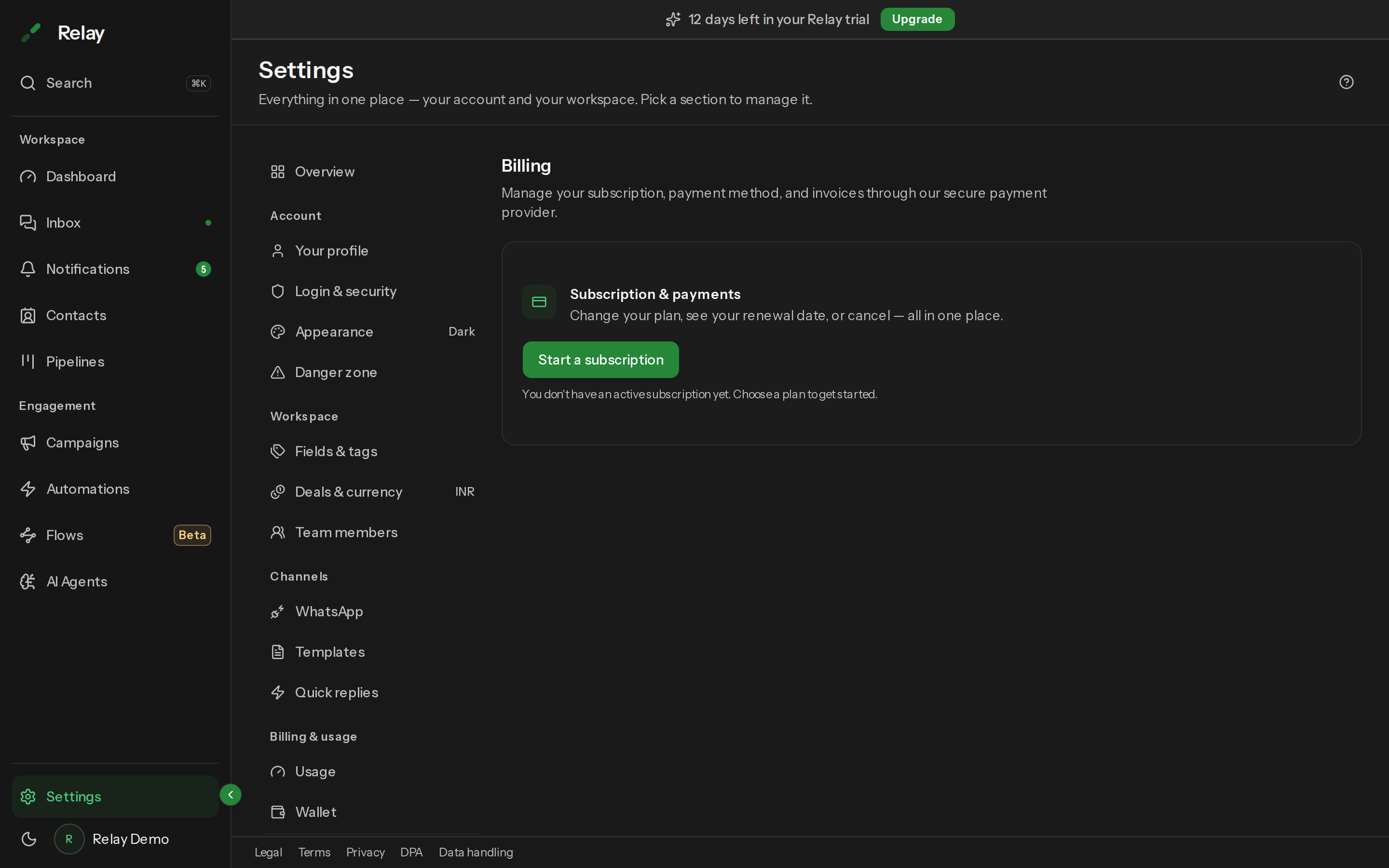 The Billing settings panel showing the current plan and subscription controls