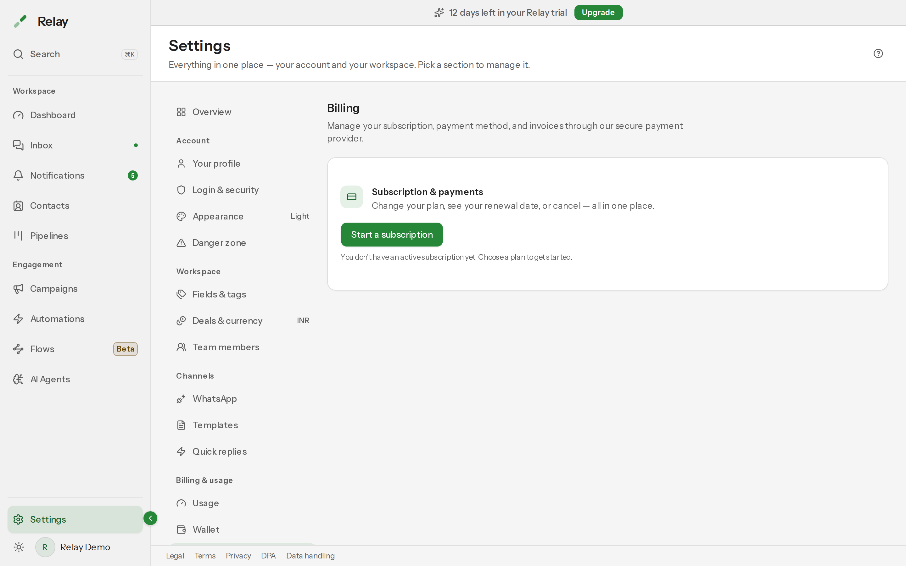 The Billing settings panel showing the current plan and subscription controls