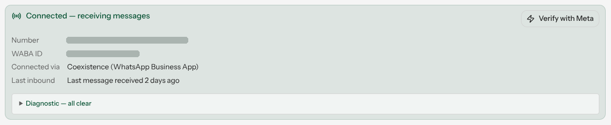The status panel of a coexistence connection: Connected — receiving messages, connected via Coexistence (WhatsApp Business App), diagnostic all clear, and no finish-registration PIN form