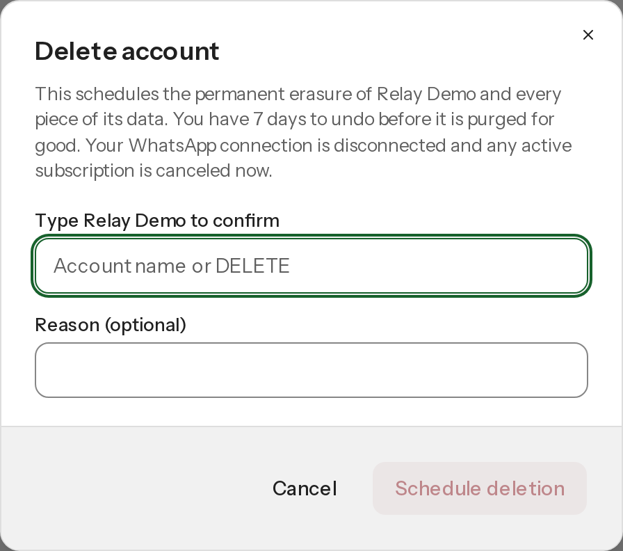 The Delete account dialog with a confirmation text field