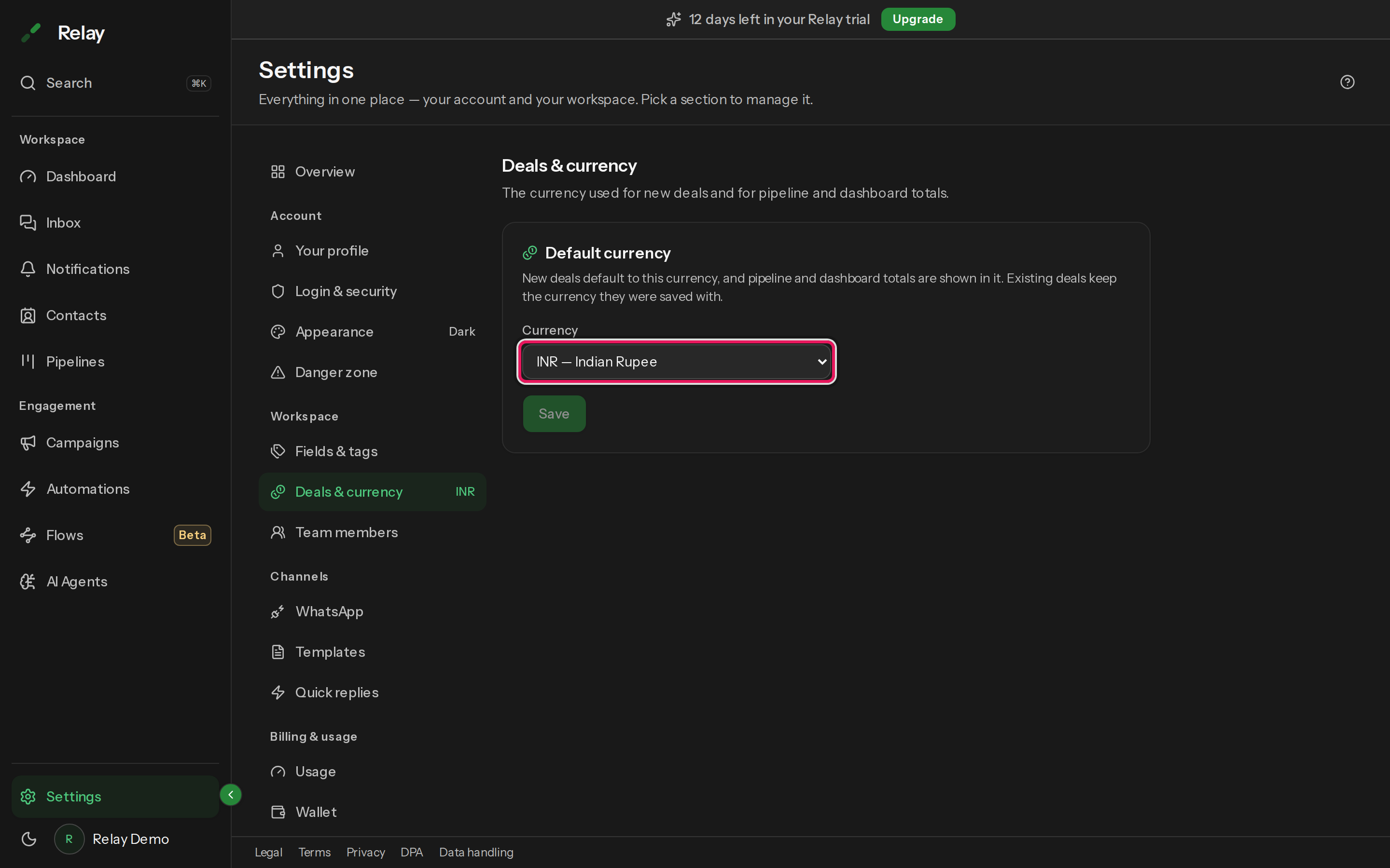 The Deals and currency settings panel with the default currency selector
