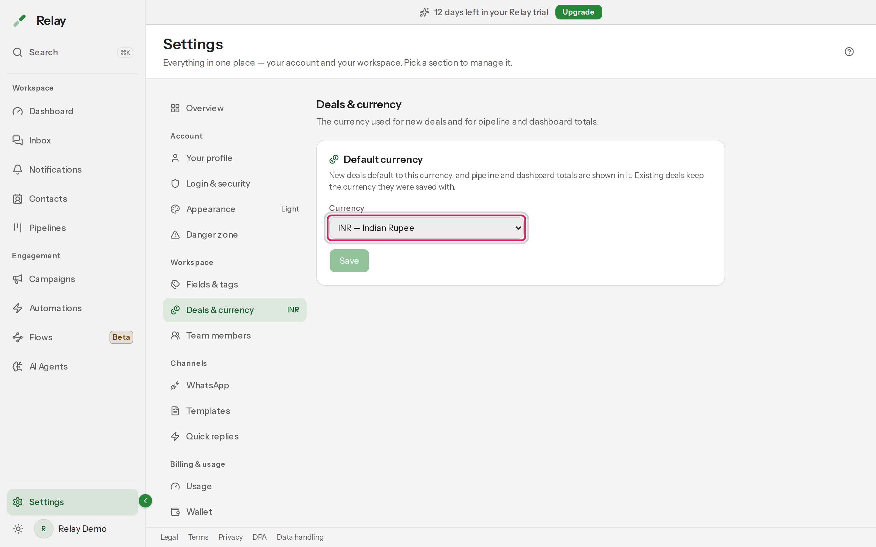 The Deals and currency settings panel with the default currency selector