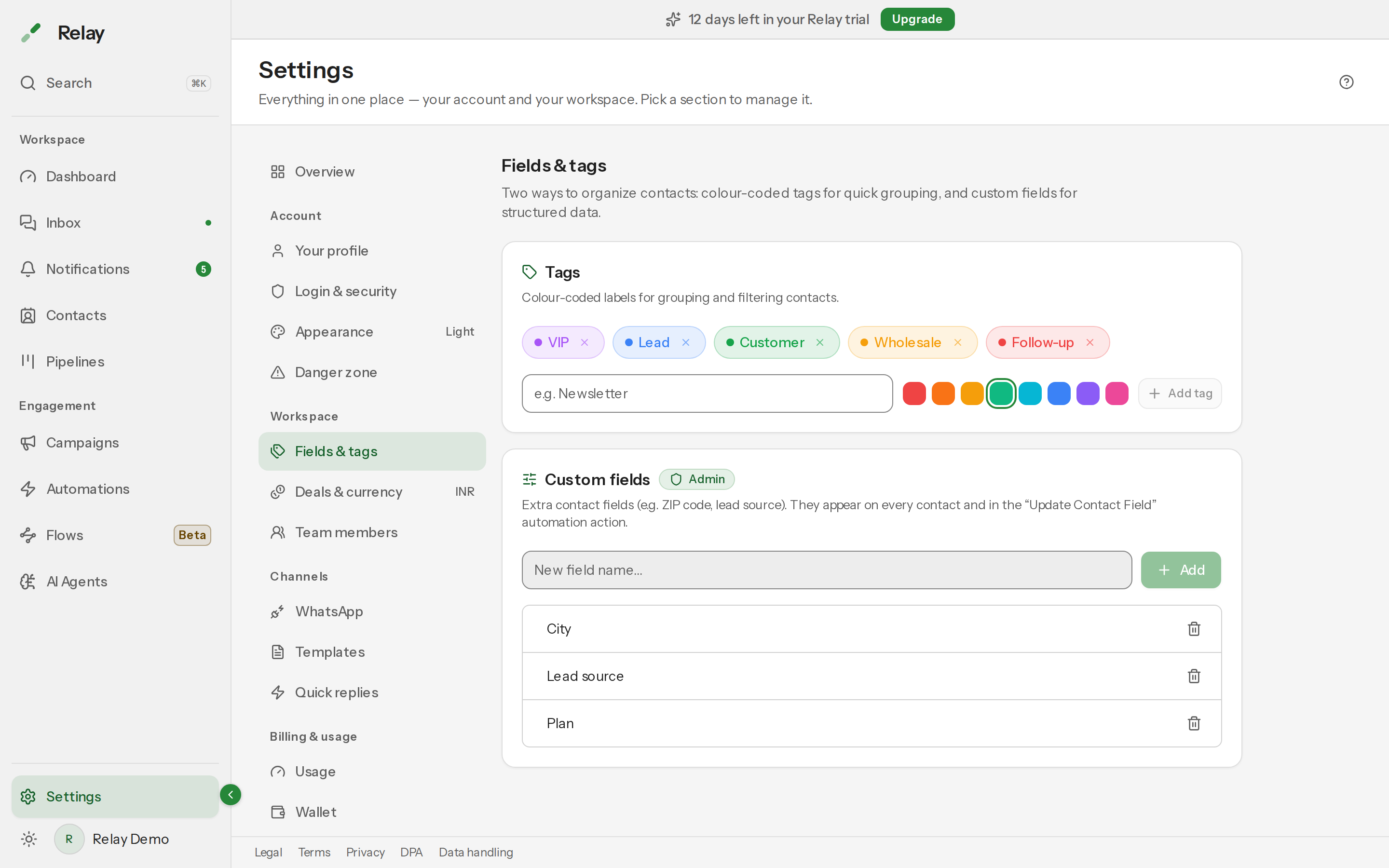 The Fields and tags settings panel showing the tags list and custom fields list