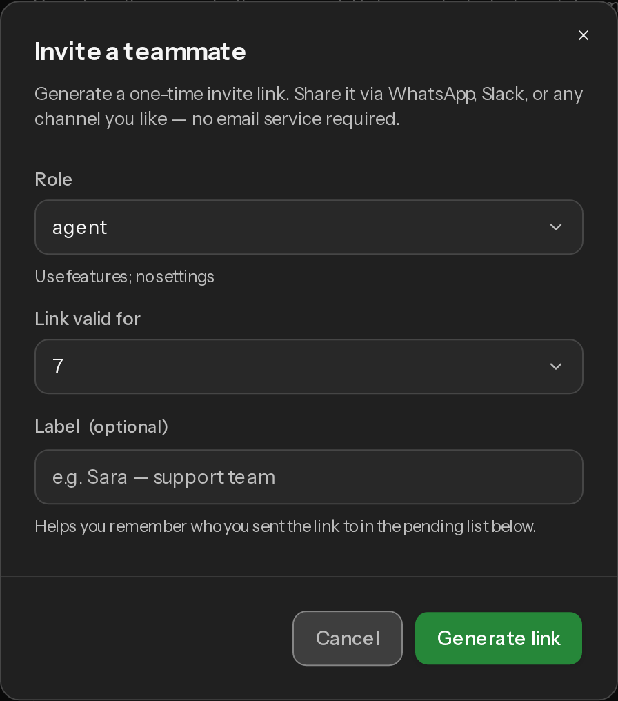 The invite member dialog with a role picker and a generated invite link