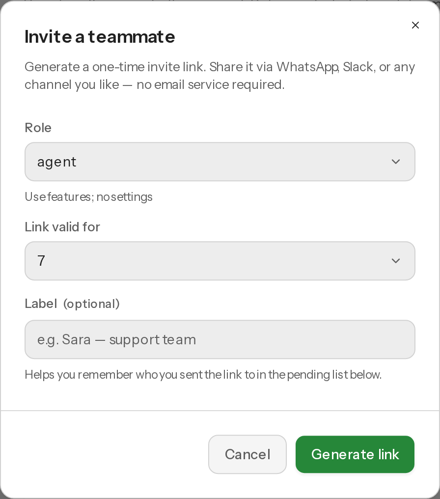 The invite member dialog with a role picker and a generated invite link