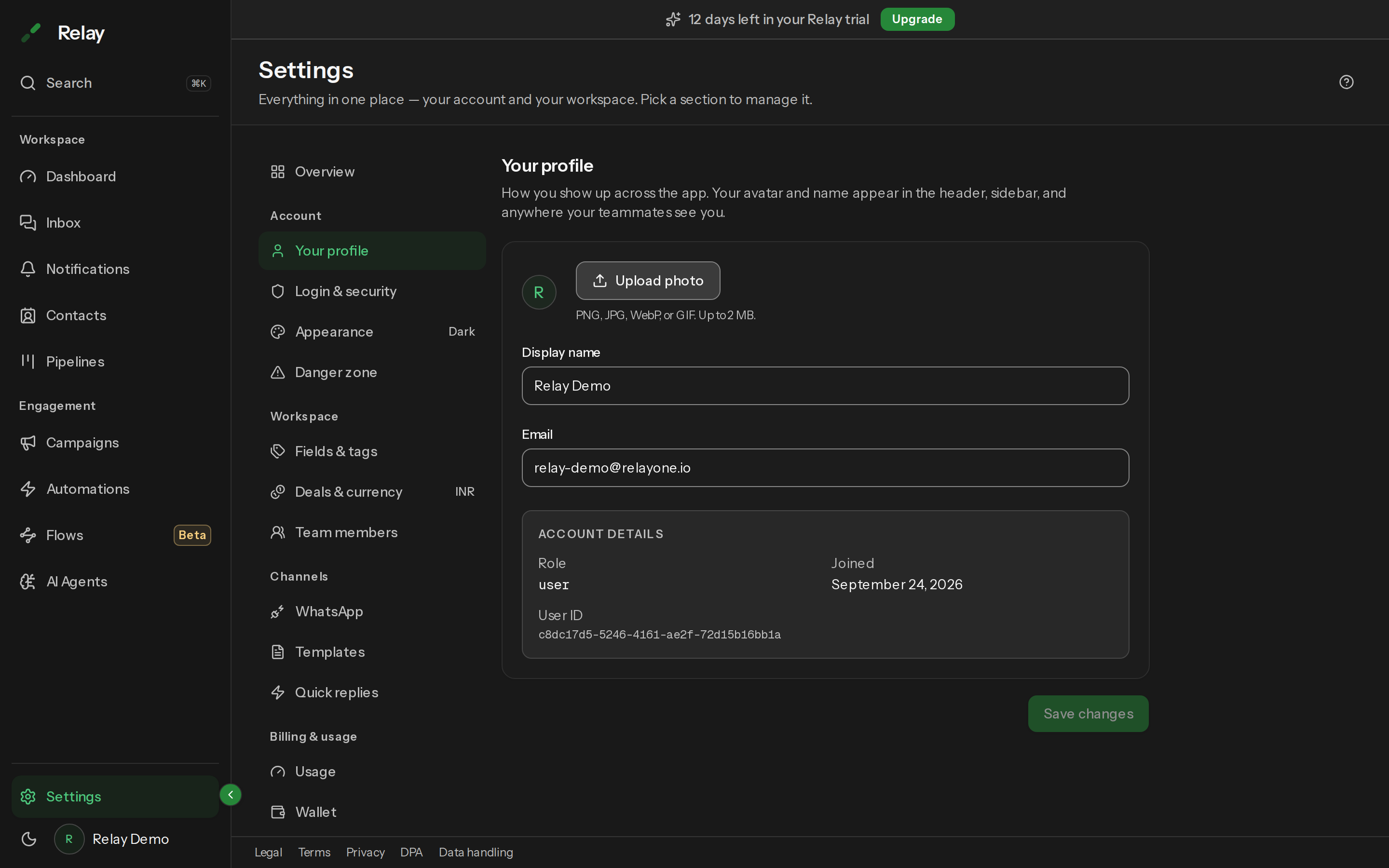The Your profile panel with avatar, display name and email fields