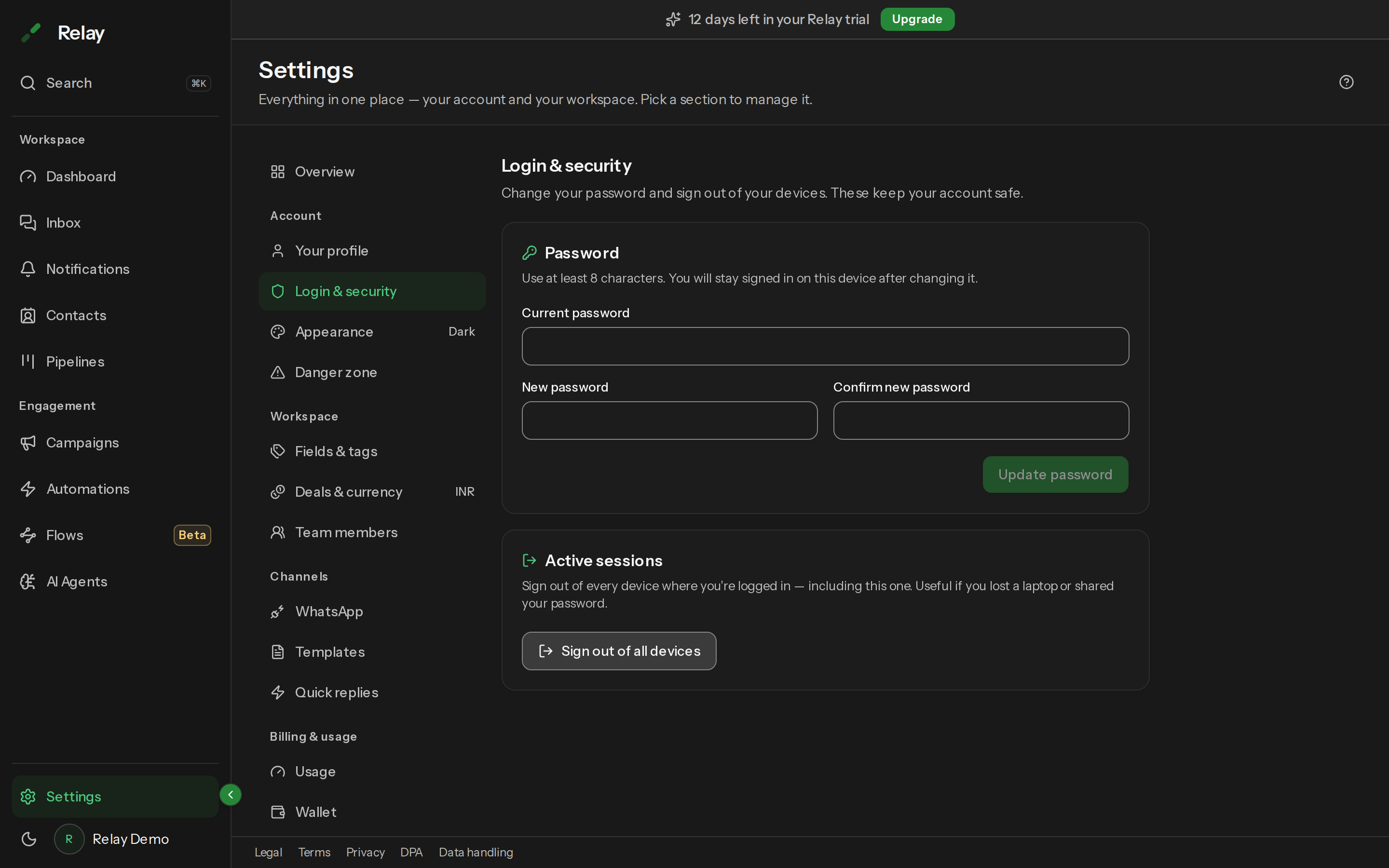 The Login and security panel with the password form and Sign out of all devices button