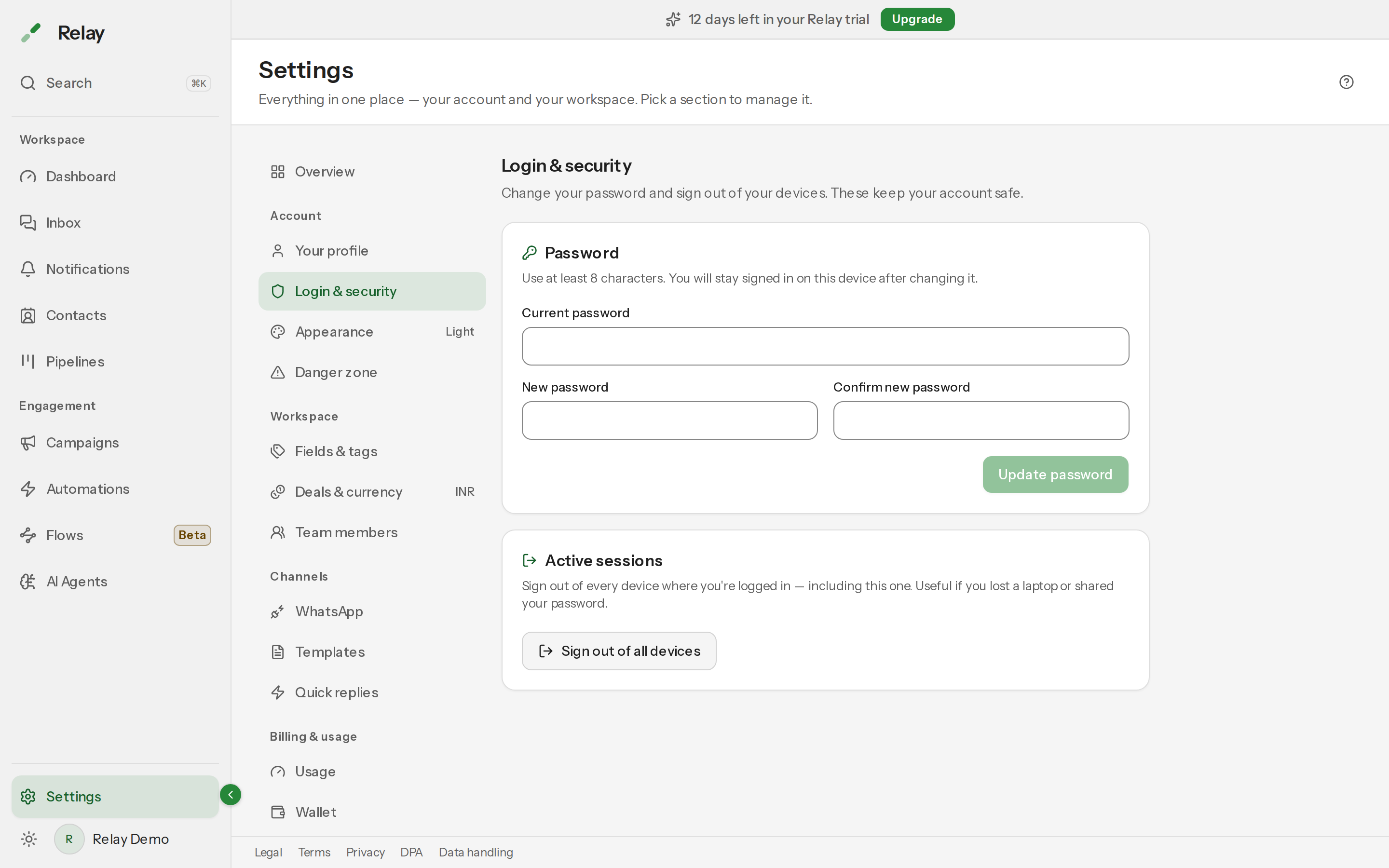 The Login and security panel with the password form and Sign out of all devices button