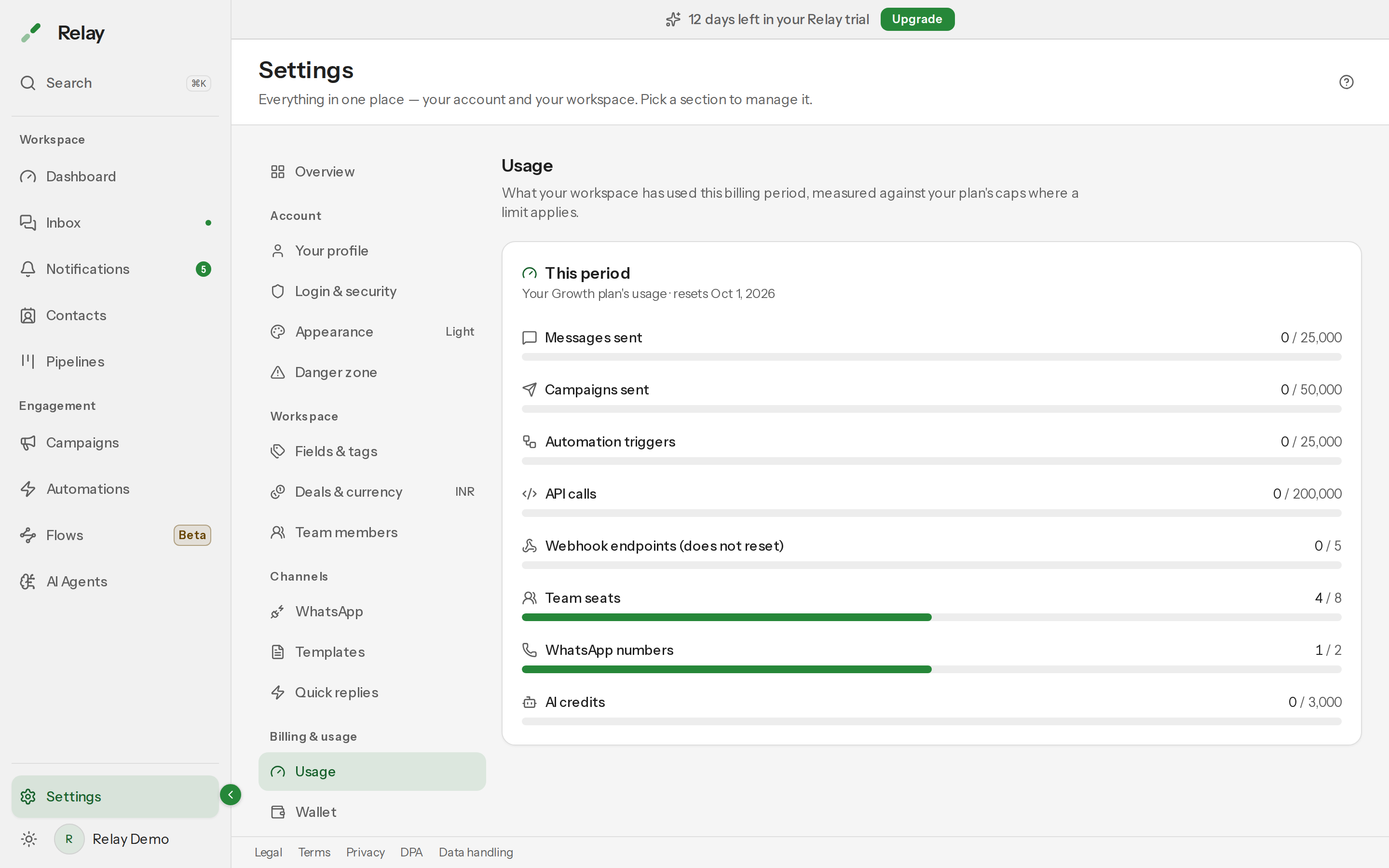 The Usage dashboard with progress bars for each metered dimension