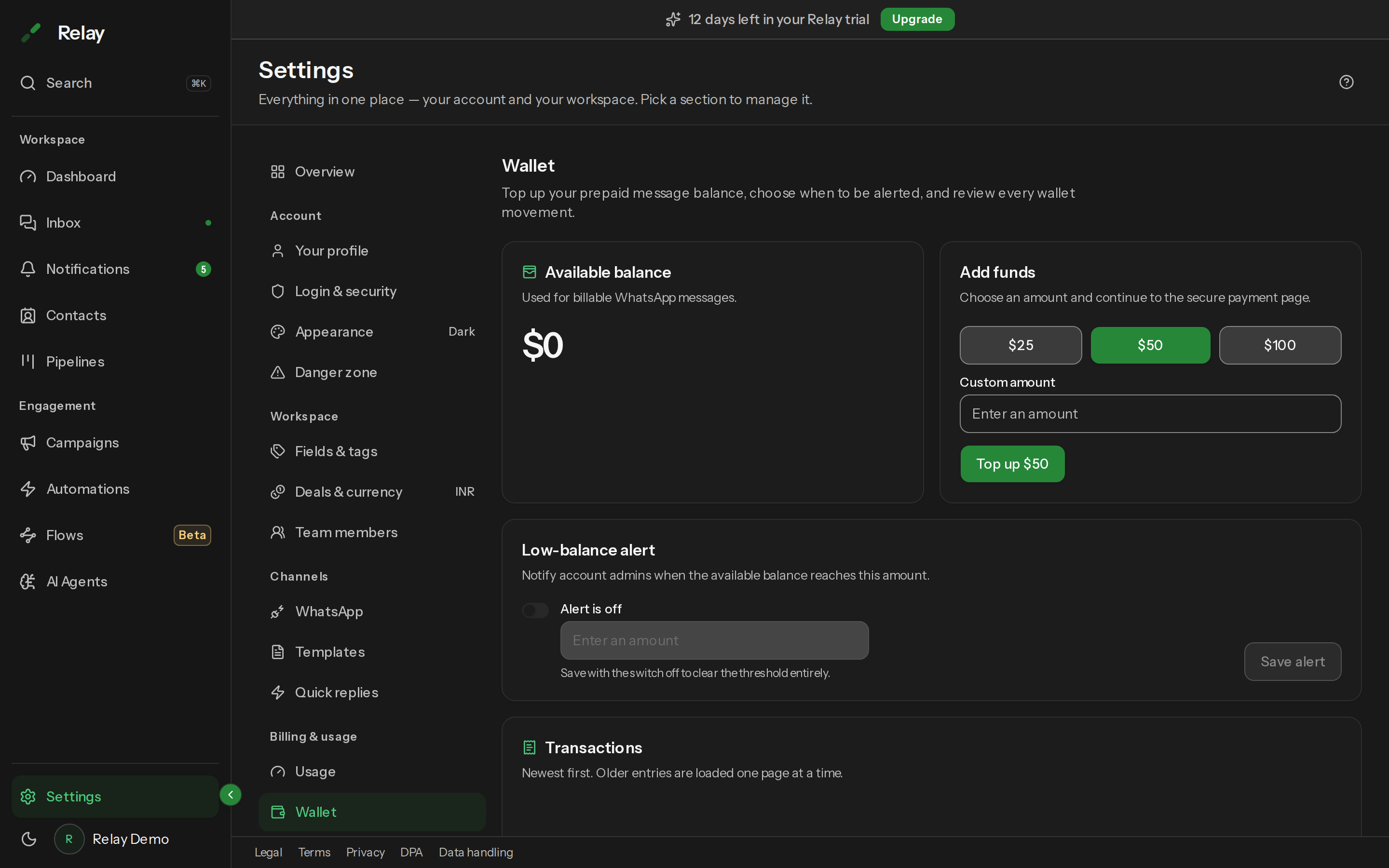 The Wallet panel with the available balance and recent transactions