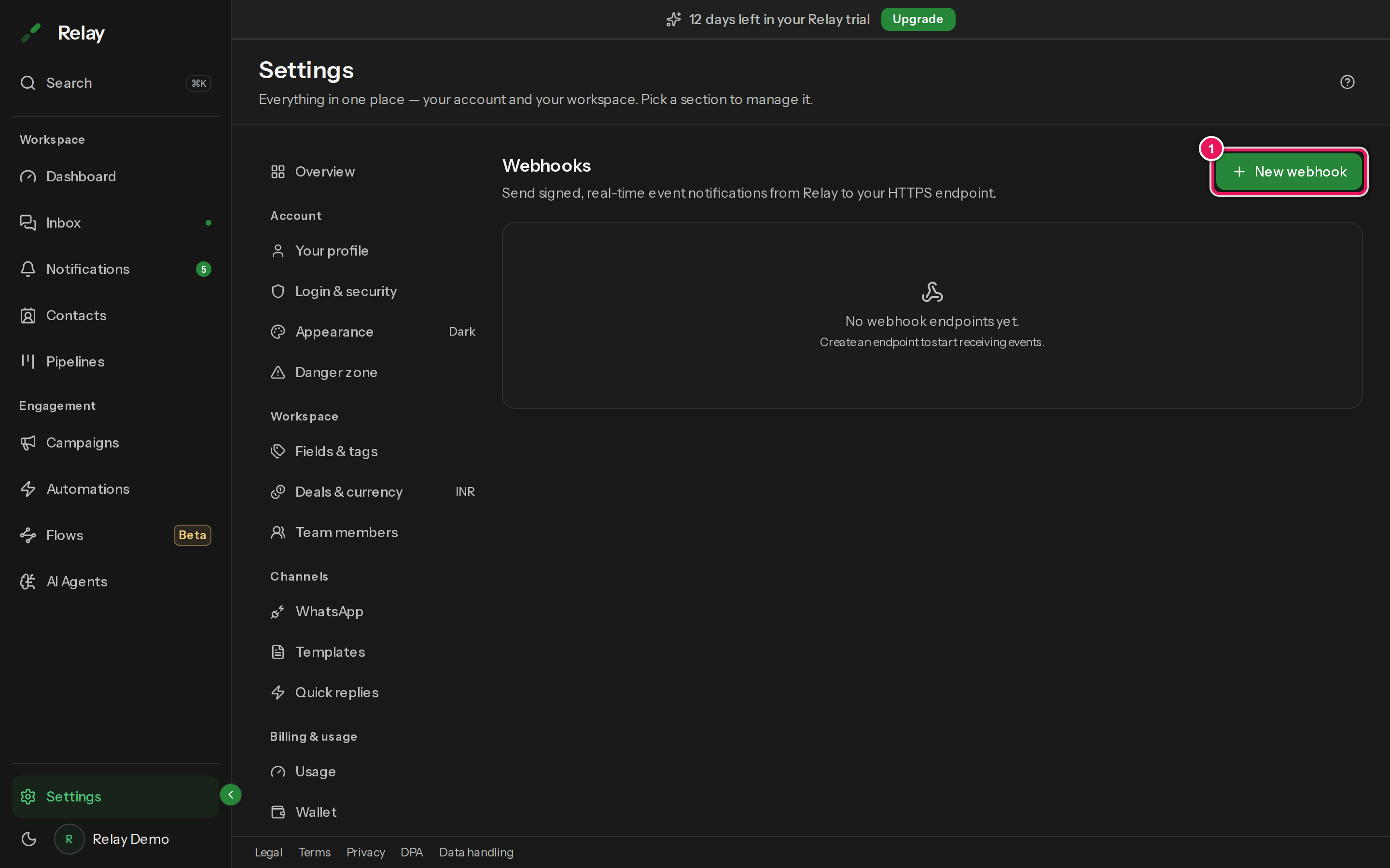 The Webhooks settings panel with an endpoint list and its subscribed events