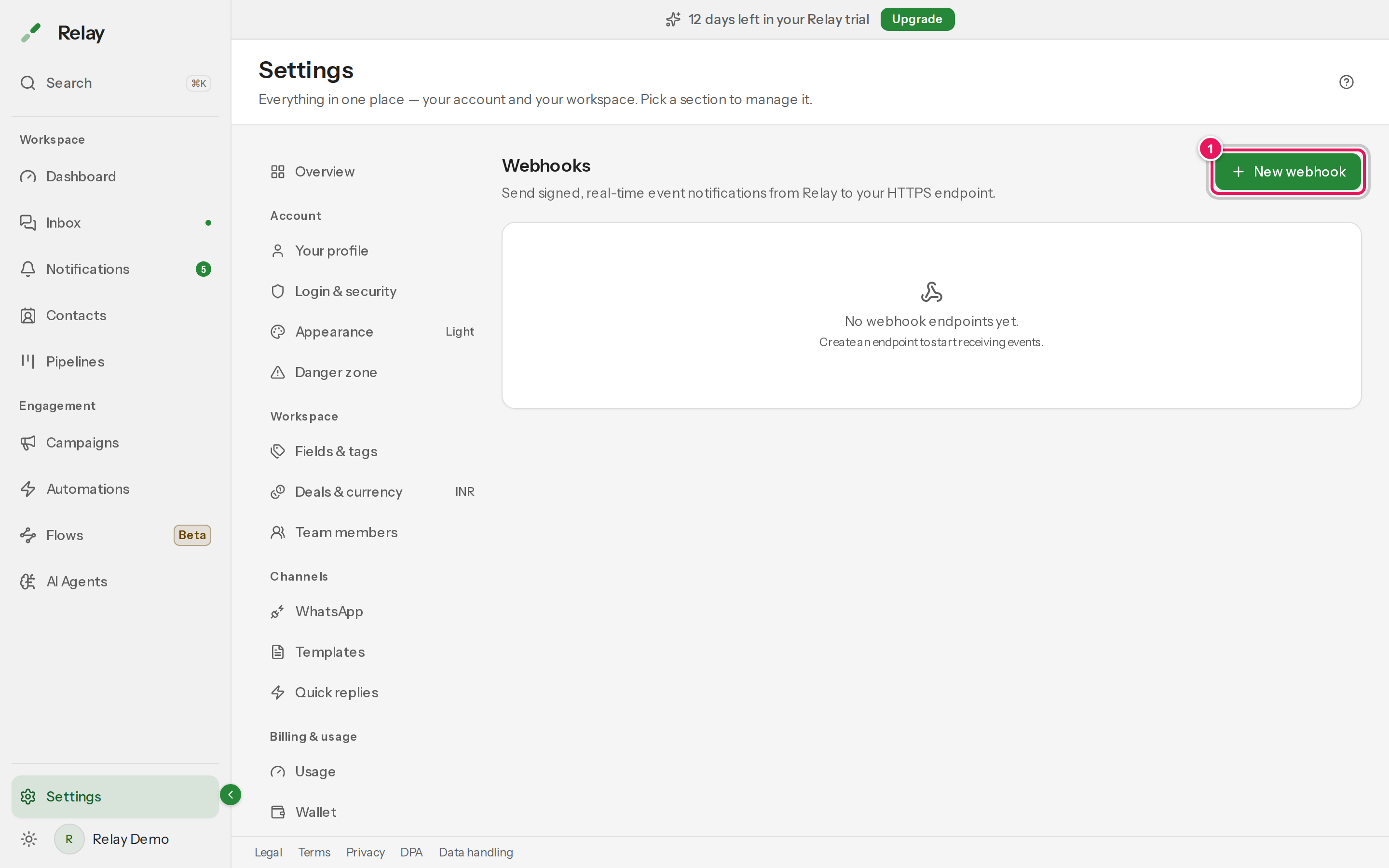 The Webhooks settings panel with an endpoint list and its subscribed events